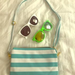 Sunglasses & small blue and white purse